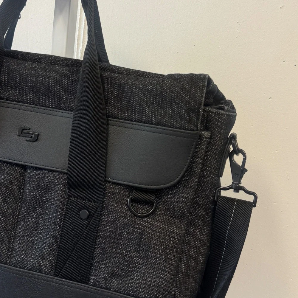 Solo Bradford Hybrid Briefcase Messenger Bag Black Denim Faux Leather Laptoper
